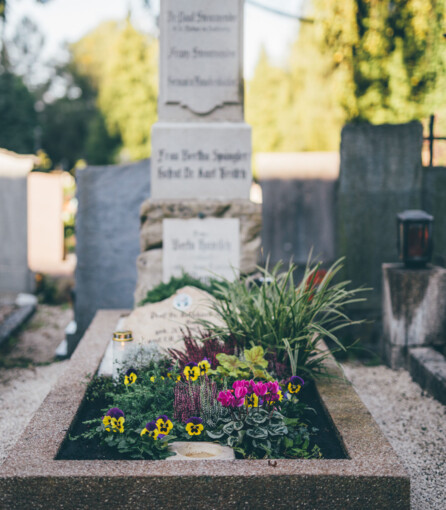 Ein mit Stiefmütterchen und anderen Pflanzen geschmücktes Grab